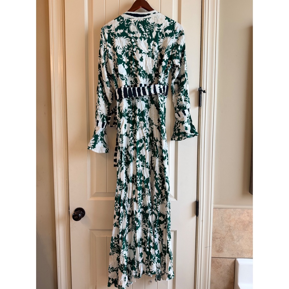 Figue Calliope Wrap Dress Green White Floral Striped V-Neck Bell Cuff Maxi - Picture 4 of 11